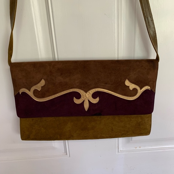 Vintage Bally “Rosalyn” Baroque Suede Brown/tan/maroon/gold suede Handbag. - Picture 2 of 7